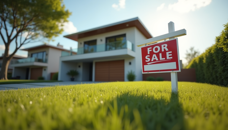 Eye-level view of a modern house with a "For Sale" sign in the front yard